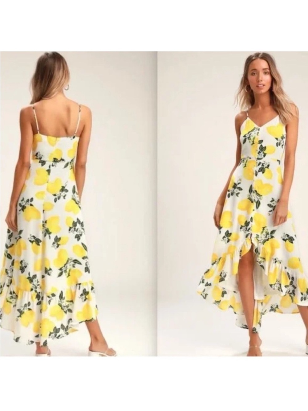 Lulu's Lemon-Print White & Yellow High-Low Sundress